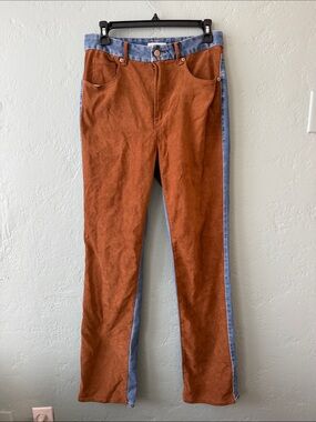 Good American Two-Tone Faux Suede Pants in Rust and Light Blue Denim